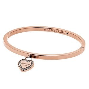 Michael Kors Bracelet Rose Gold Tone Pave Crystals Logo Heart Hinged Bangle NWT